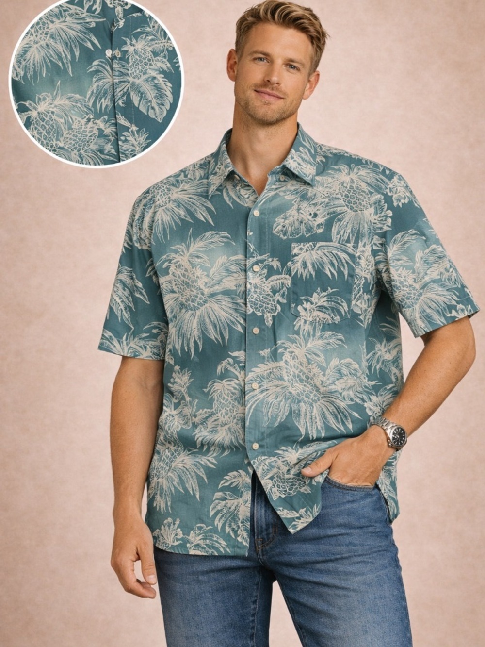 Tasso Elba SilkTeal Hawaiian Palm Print Short-Sleeve Button-Down Shirt XXL